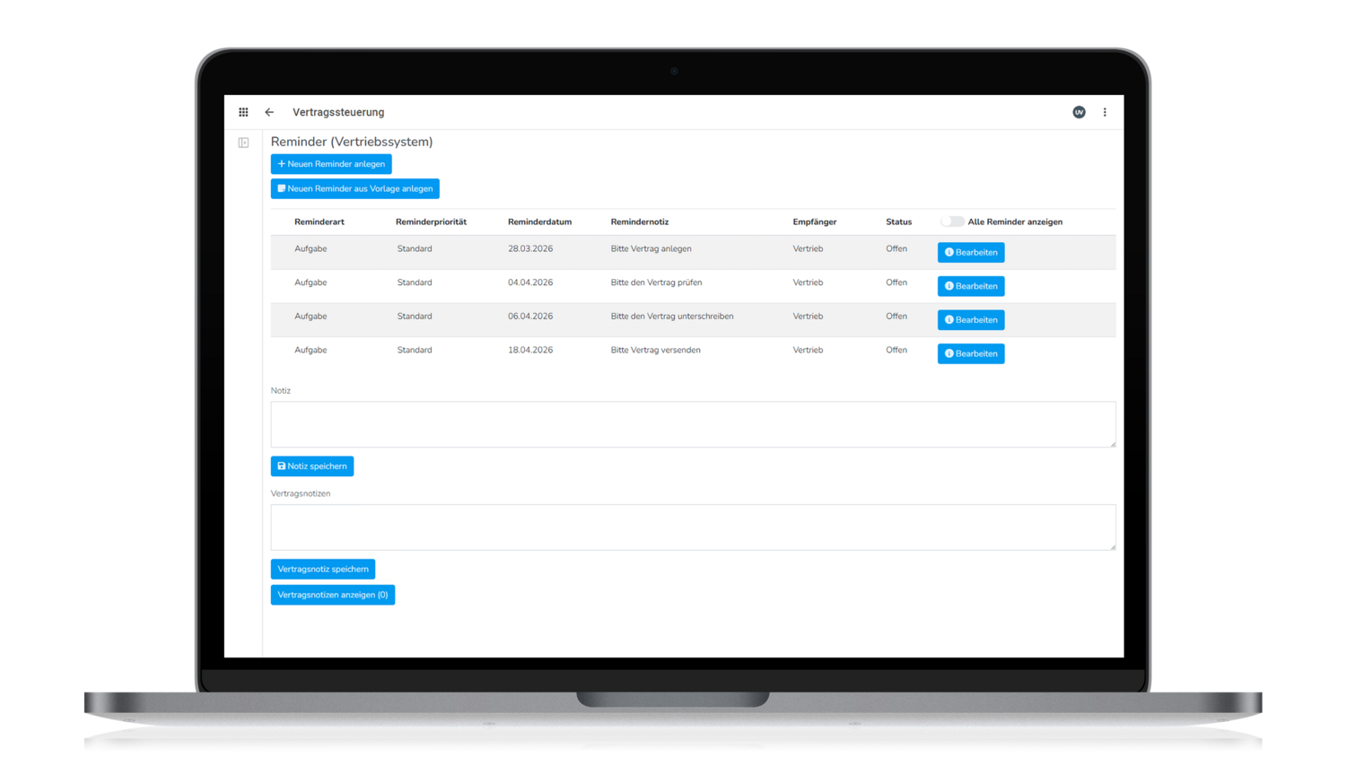 edoc contract Anlage eines Reminders in der Software Vertragsmanagament 