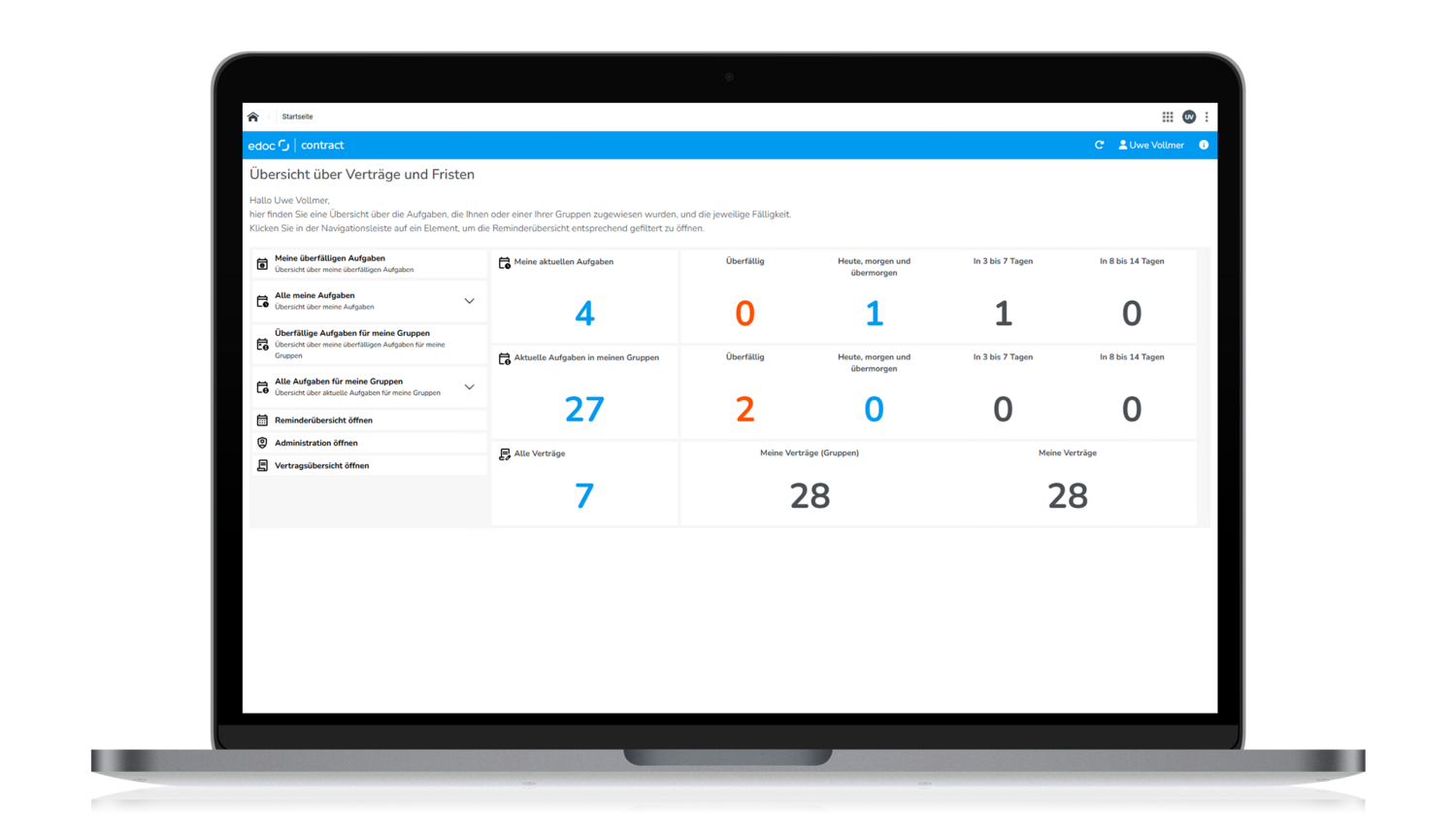 edoc contract Vertragsmanagament übersichtliches Dashboard in der Software